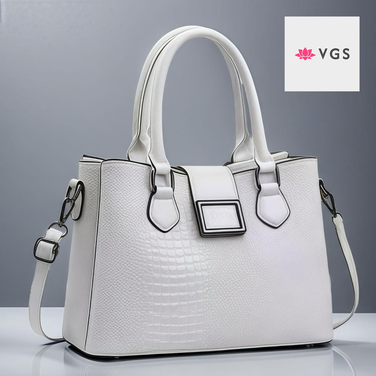 Crocodile Embossed Structured Handbag with Decorative Front Plaque VGS-0H0D04