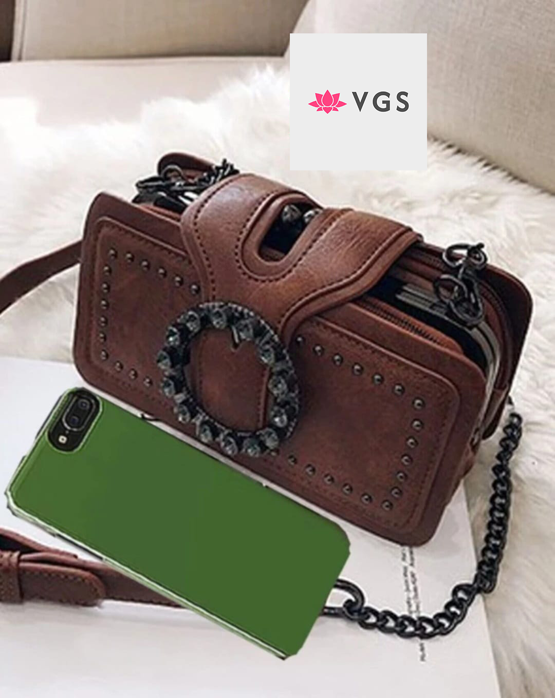 Studded Chain Crossbody Bag with Crystal Buckle Detail VGS-F0I0D0O1