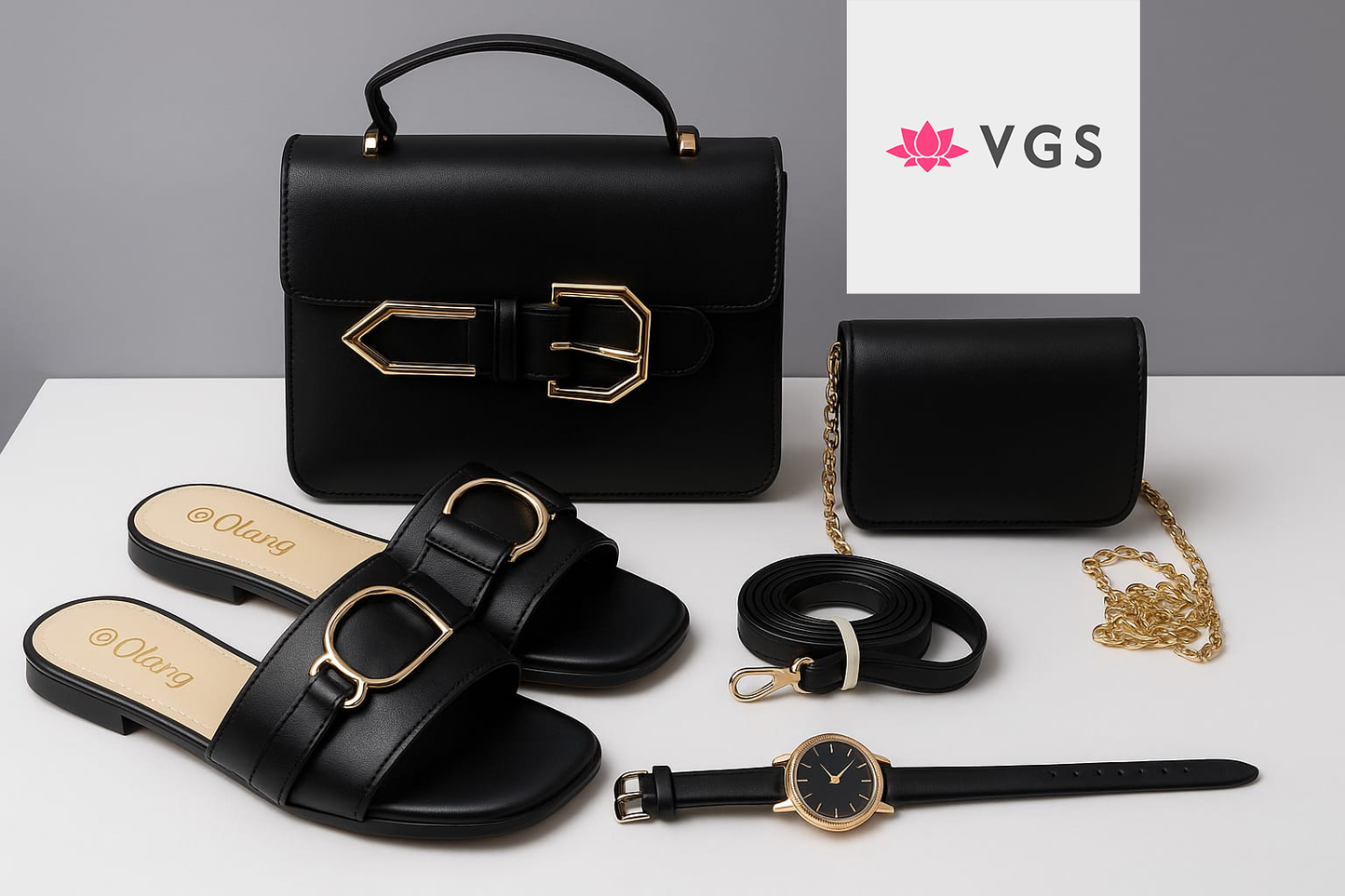 4-Piece Set - Quilted Handbags, Watch & Textured Slides Collection VGS-0H0D01