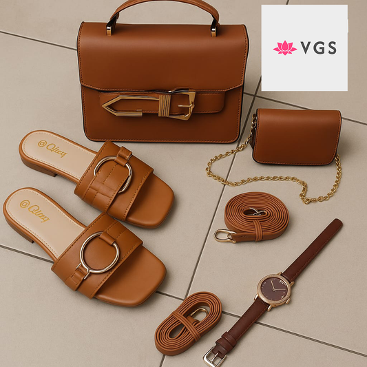 4-Piece Set - Quilted Handbags, Watch & Textured Slides Collection VGS-0H0D01