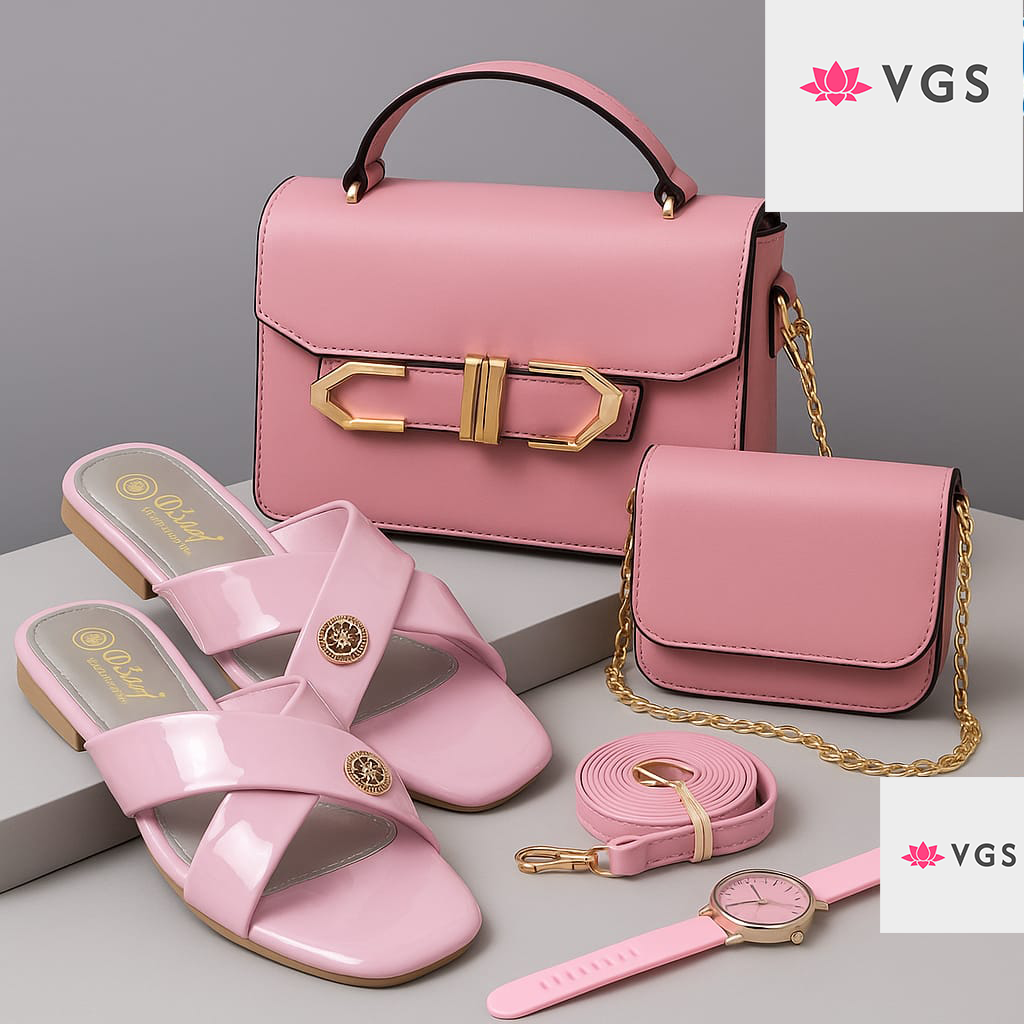 4-Piece Set - Quilted Handbags, Watch & Textured Slides Collection VGS-0H0D01