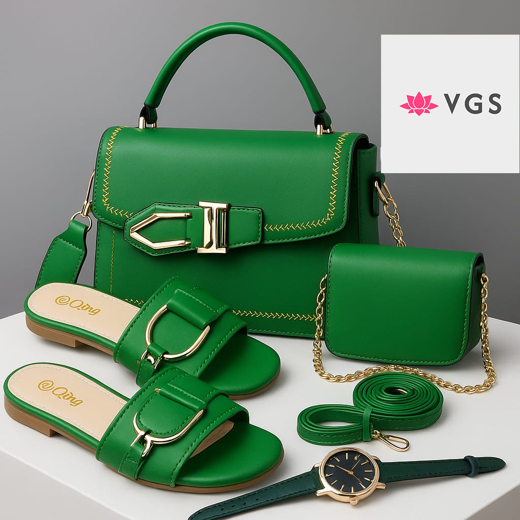 4-Piece Set - Quilted Handbags, Watch & Textured Slides Collection VGS-0H0D01