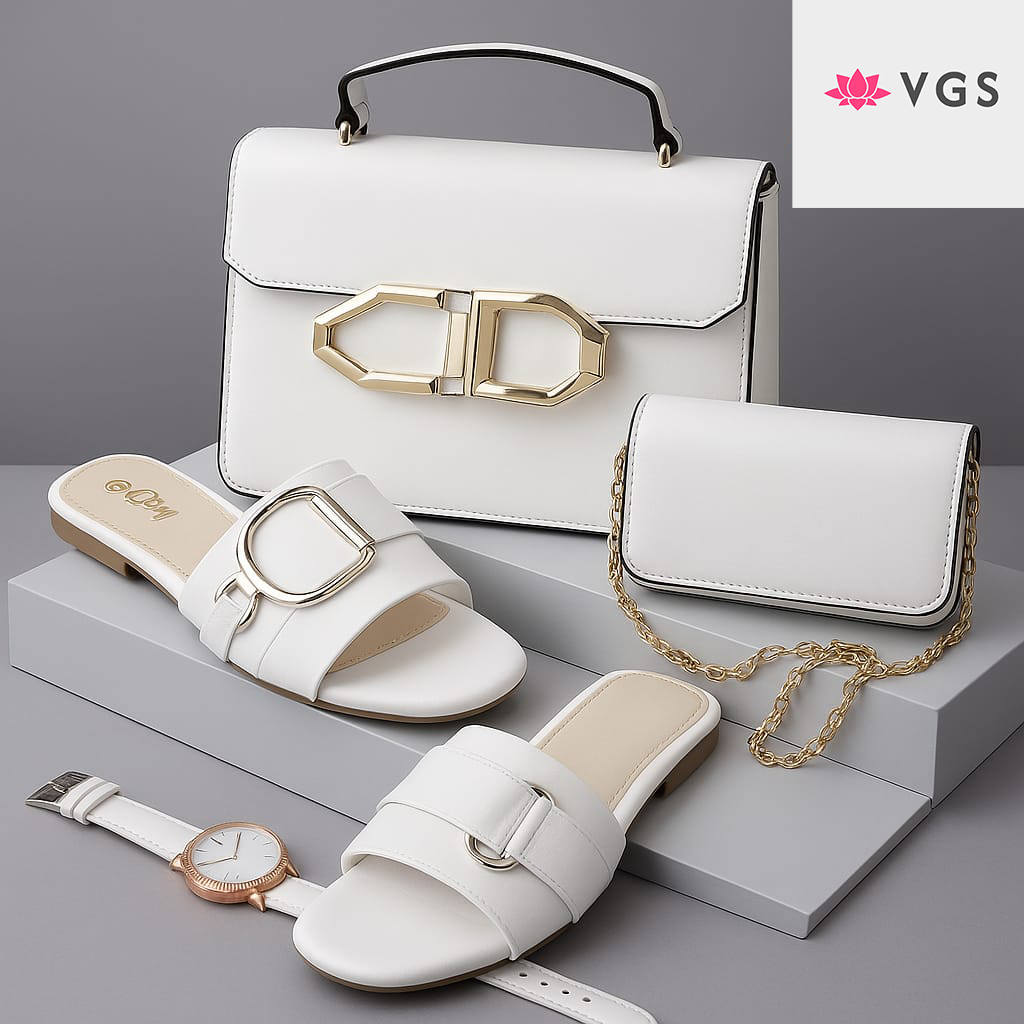 4-Piece Set - Quilted Handbags, Watch & Textured Slides Collection VGS-0H0D01