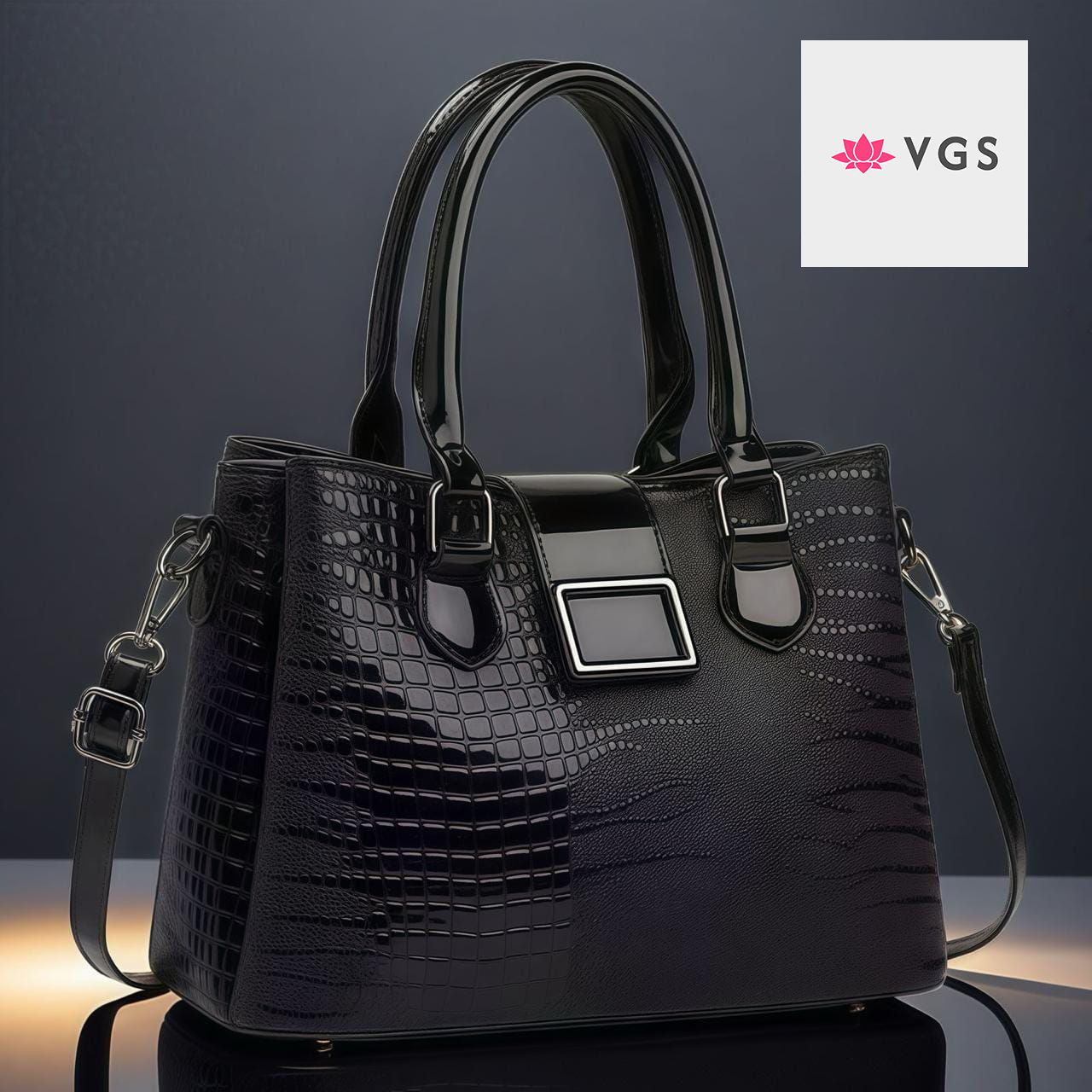 Crocodile Embossed Structured Handbag with Decorative Front Plaque VGS-0H0D04