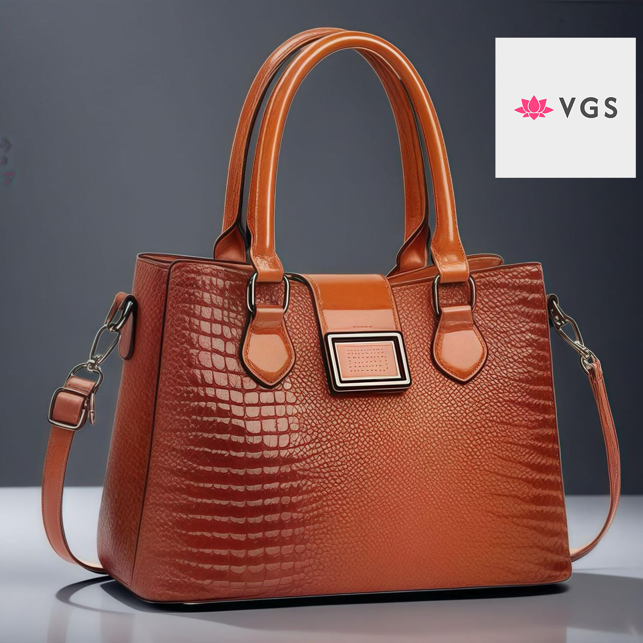 Crocodile Embossed Structured Handbag with Decorative Front Plaque VGS-0H0D04