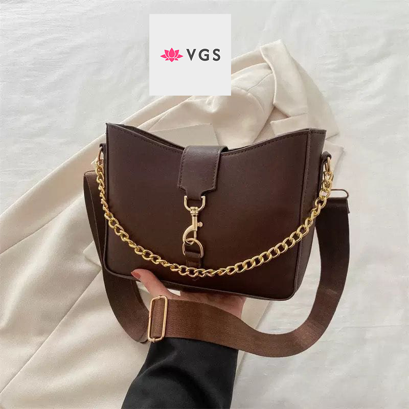 Classic Bucket Bag with Chain Handle and Wide Crossbody Strap VGS-0H0D18