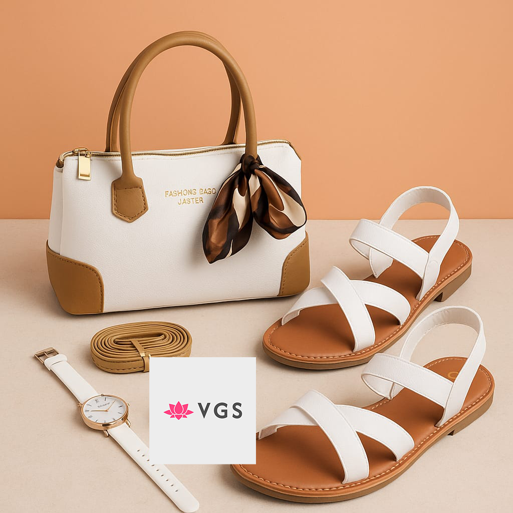 Two-Tone Handbag & Strappy Sandals Complete Matching Set with Accessories