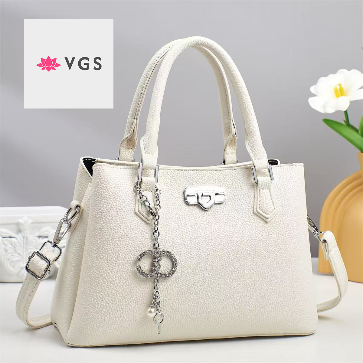 Luxury Pebbled Leather Tote Bag with Crystal Double-C Charm VGS-0H0D14