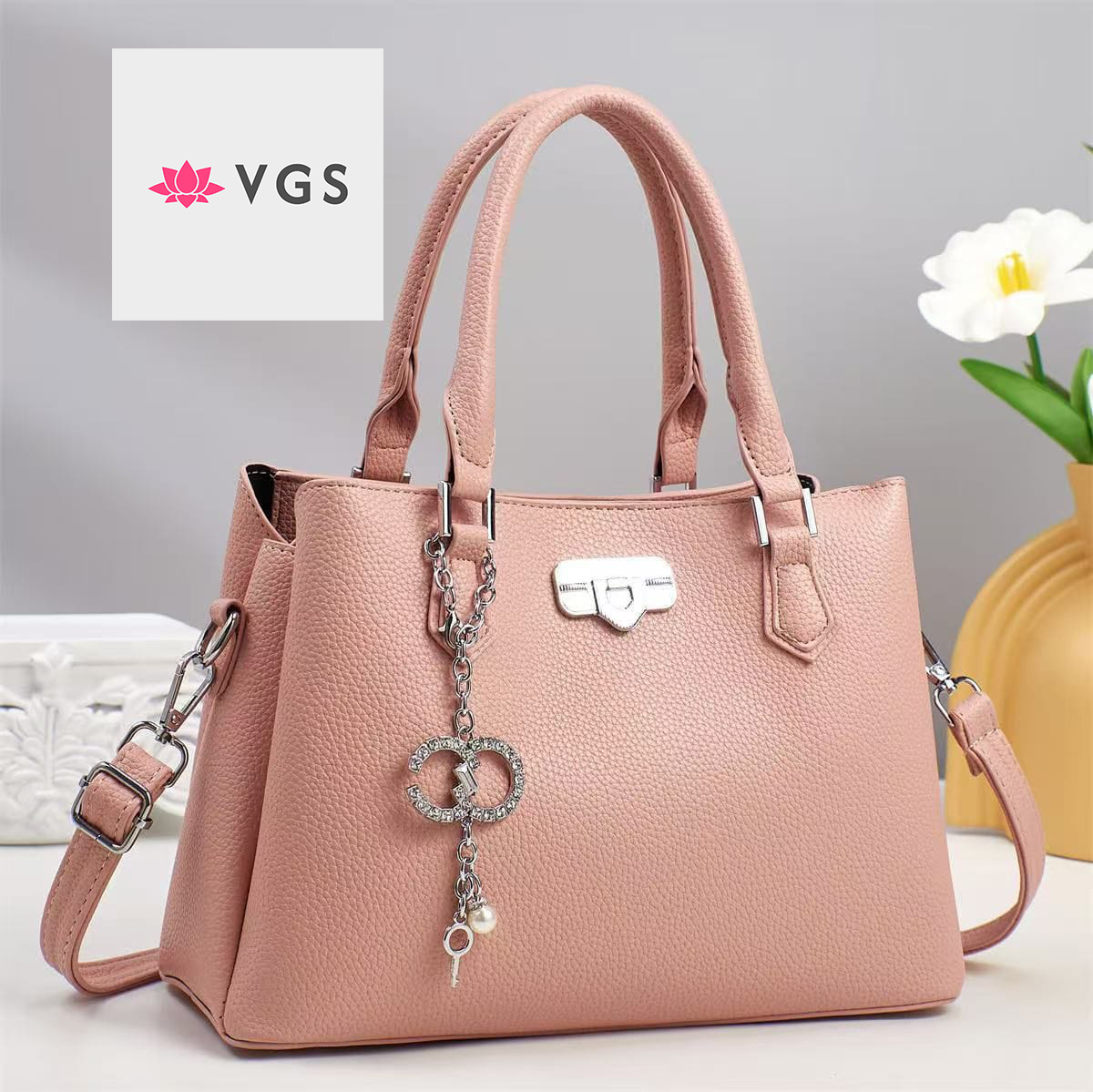 Luxury Pebbled Leather Tote Bag with Crystal Double-C Charm VGS-0H0D14