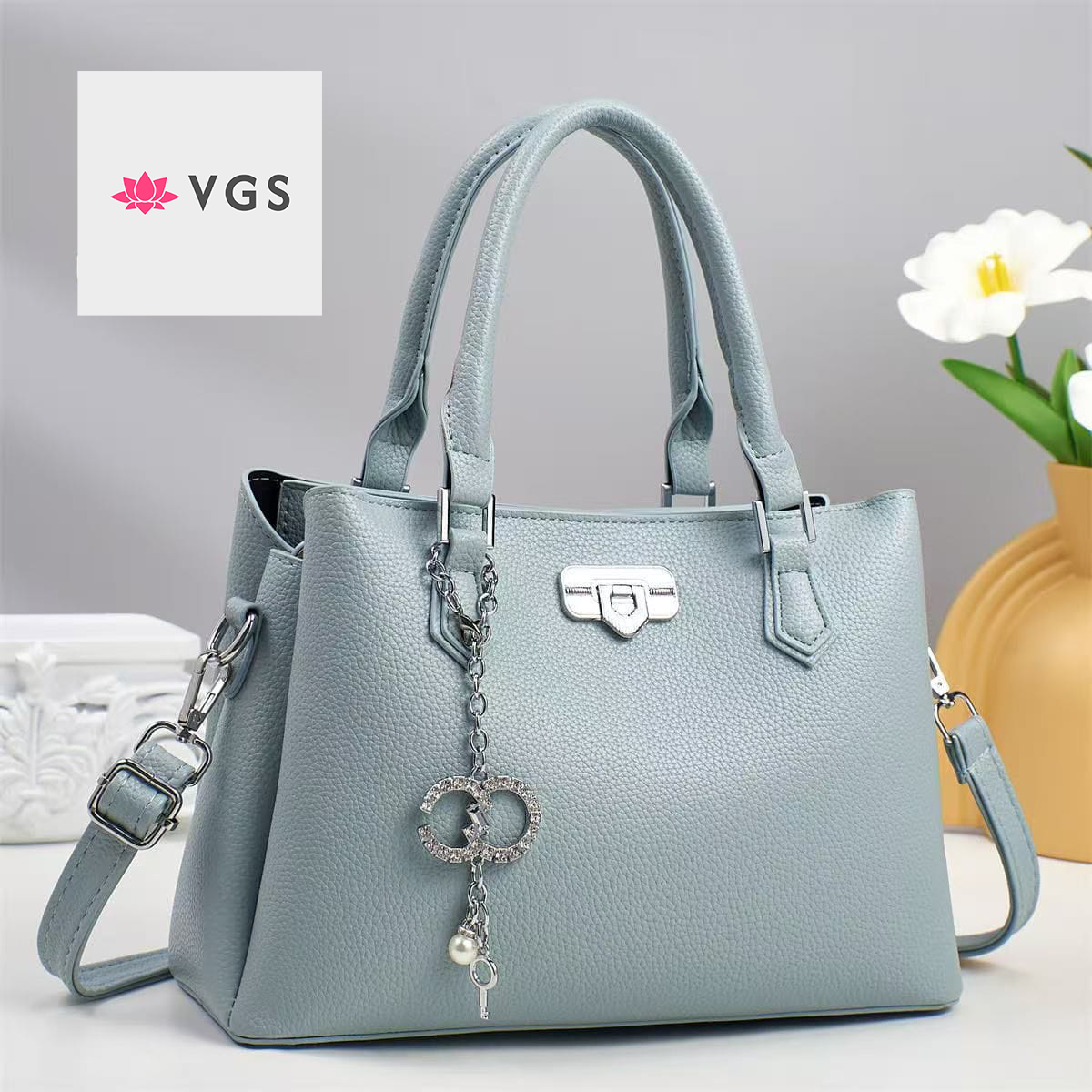Luxury Pebbled Leather Tote Bag with Crystal Double-C Charm VGS-0H0D14